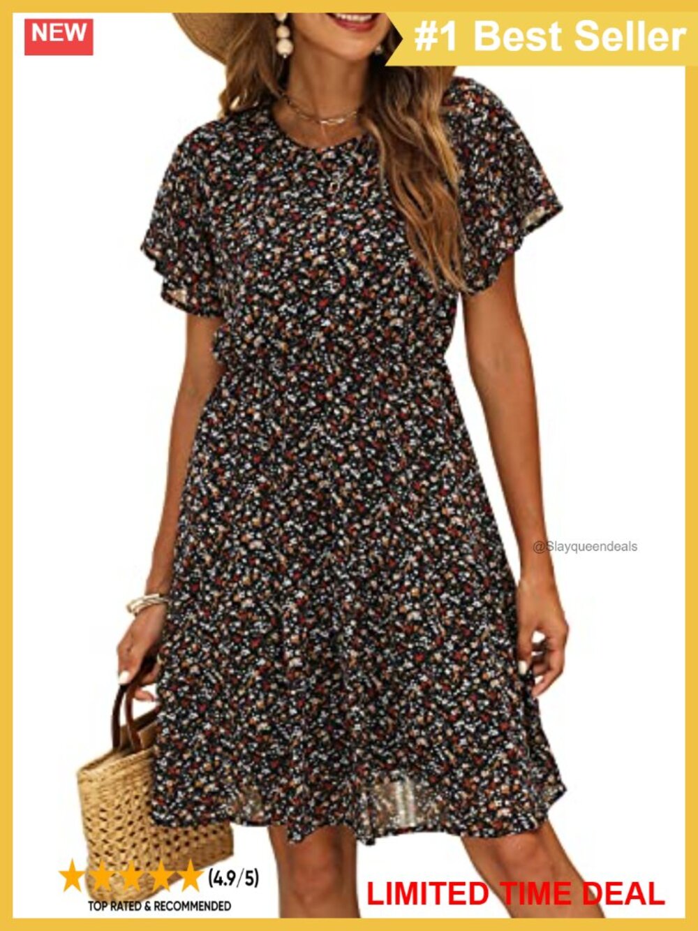 Women's Chiffon Floral Knee Length Dress Flutter Sleeve Smocked Waist